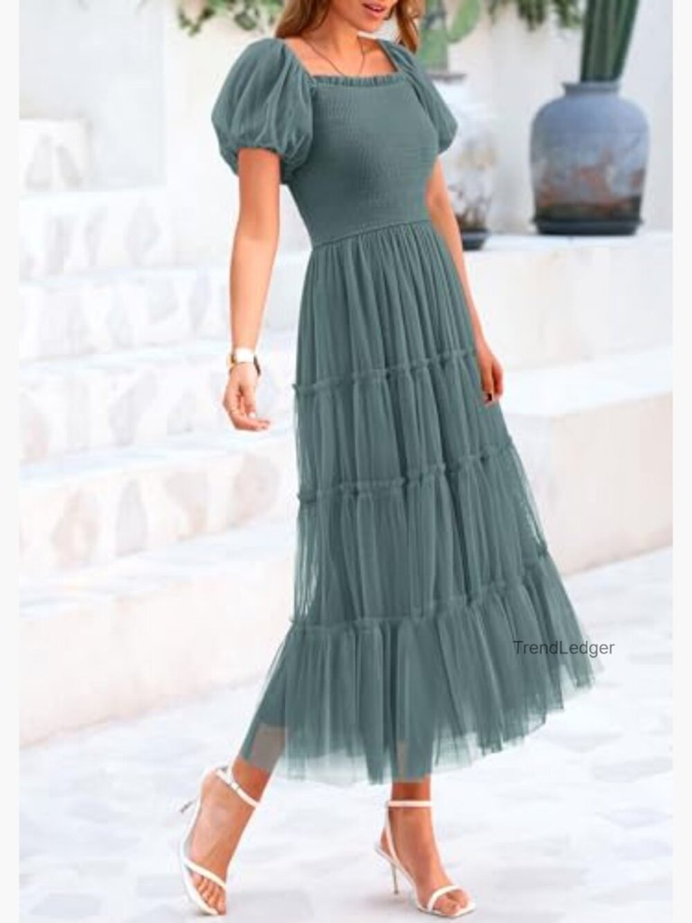 Smocked Midi Tulle Dress Puffy Sleeves Square Neck Wedding Guest Party - Picture 3 of 7